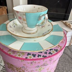 Royal Albert Turquoise and White Teacup, Saucer, and Plate Set